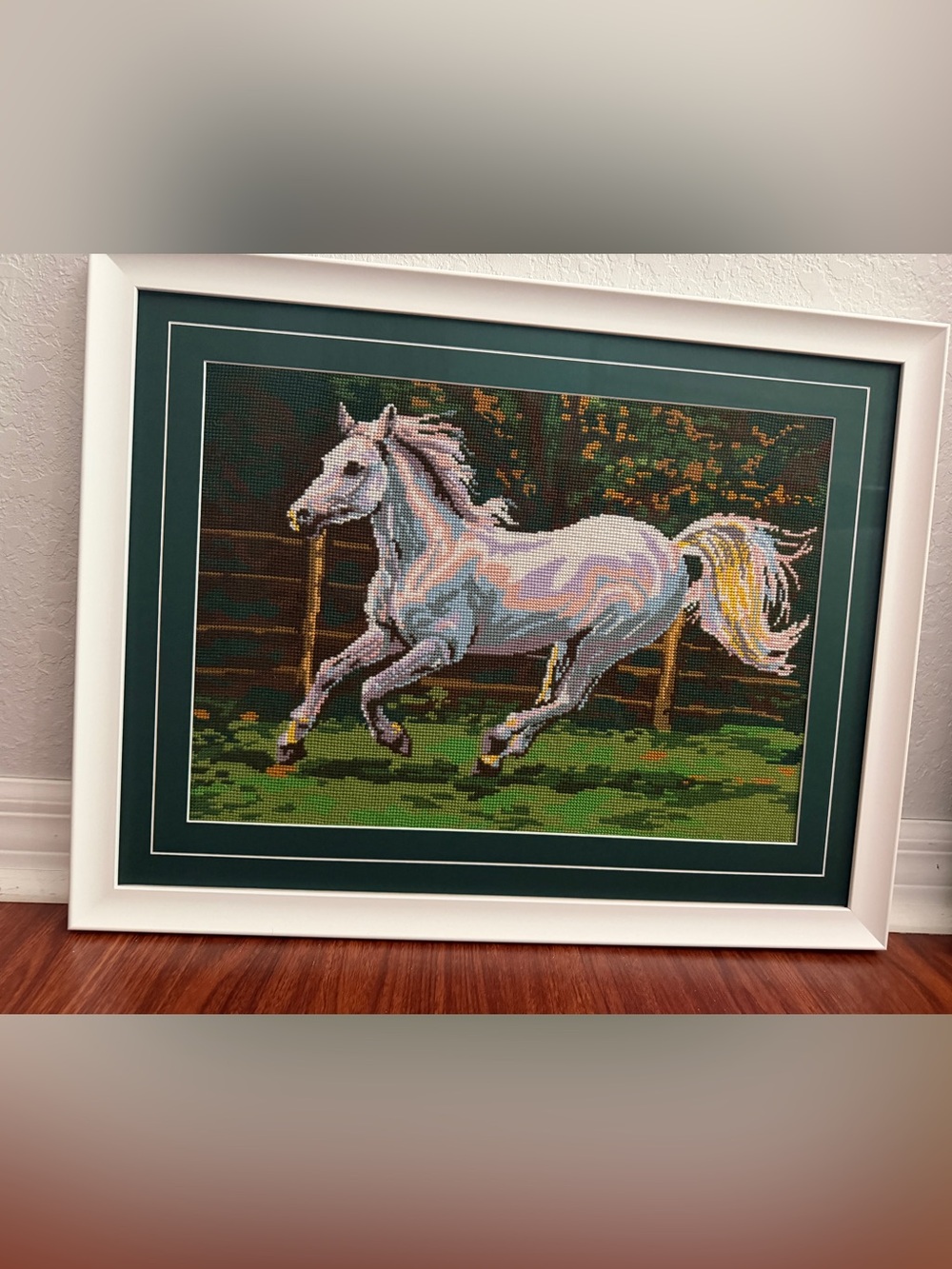 Framed Running Horse Cross Stitch Art - White Horse
